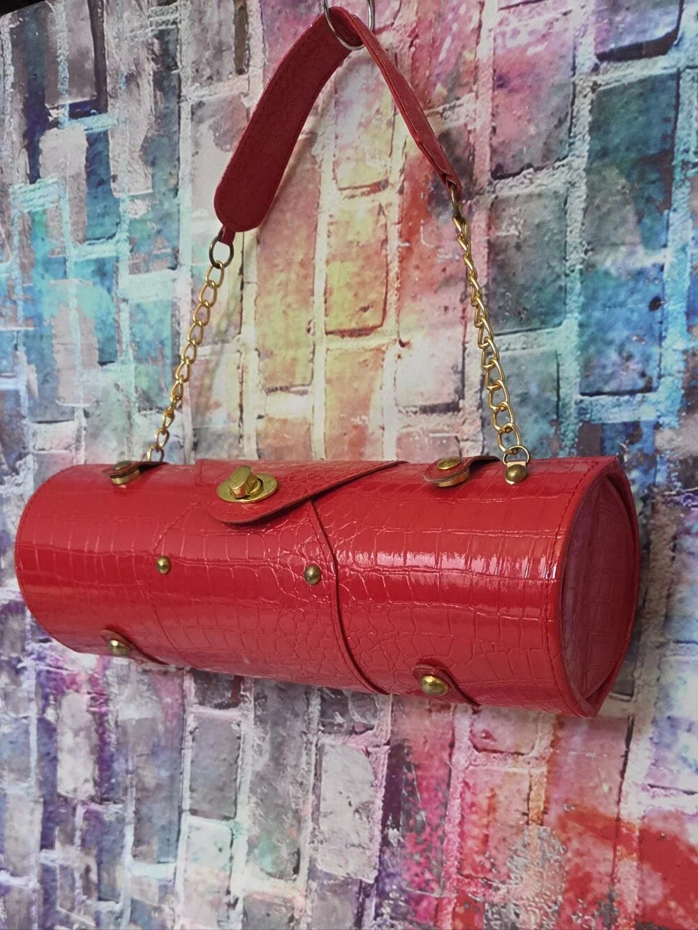 Bottle Carrier Cylinder Bag Croc-Texture W/ Gold Hardware